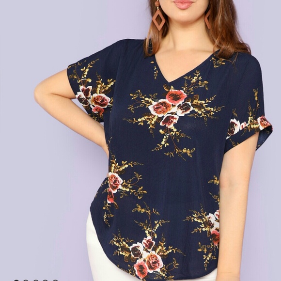 Tops - Navy Cuffed Sleeve Floral Top.